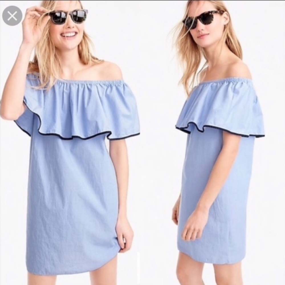 J. CREW Tipped Off The Shoulder Ruffle Blue Cotton Mini Dress XS